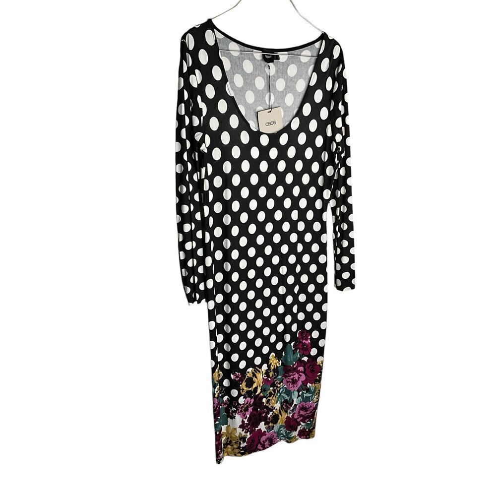 Asos Polka Dot Bodycon Dress Scoop Neck Long Sleeve Black White Womens Size 10